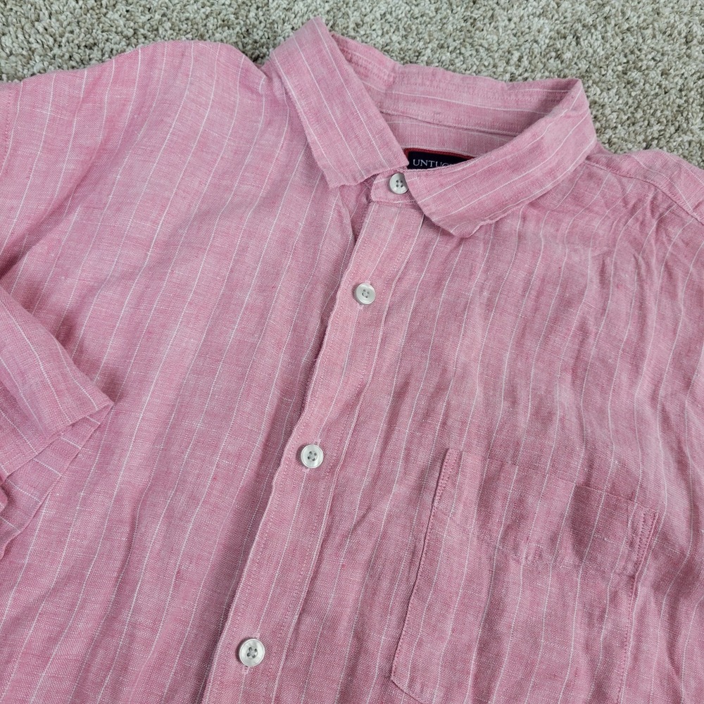 Untuckit Mens XL Red Striped Button Up Short Sleeve 100% Linen